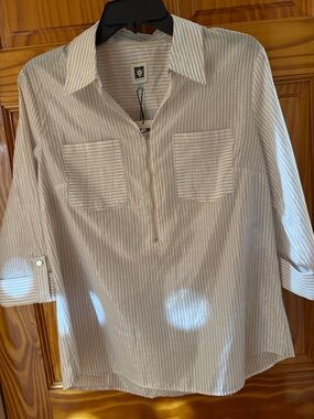 Anne Klein Cream and White Striped Zip-Front Blouse